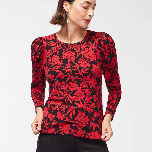 Chico's Touch of Cool Floral Ruched Sleeve Top - Size M - Long Sleeve, Holiday - Picture 2 of 8